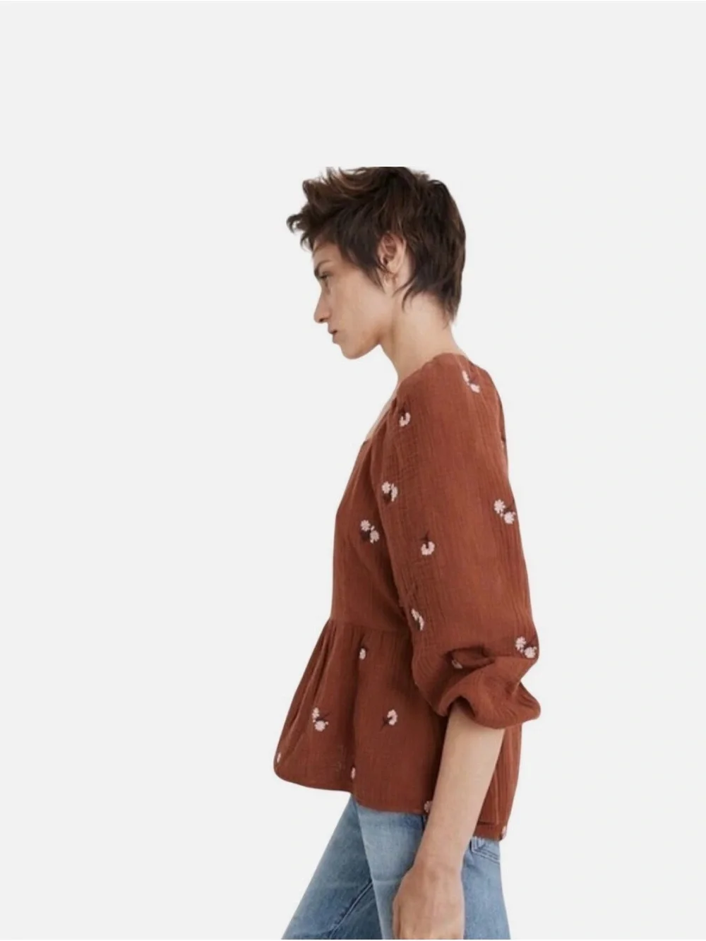 Madewell Rust Brown Floral Square-Neck Peplum Blouse